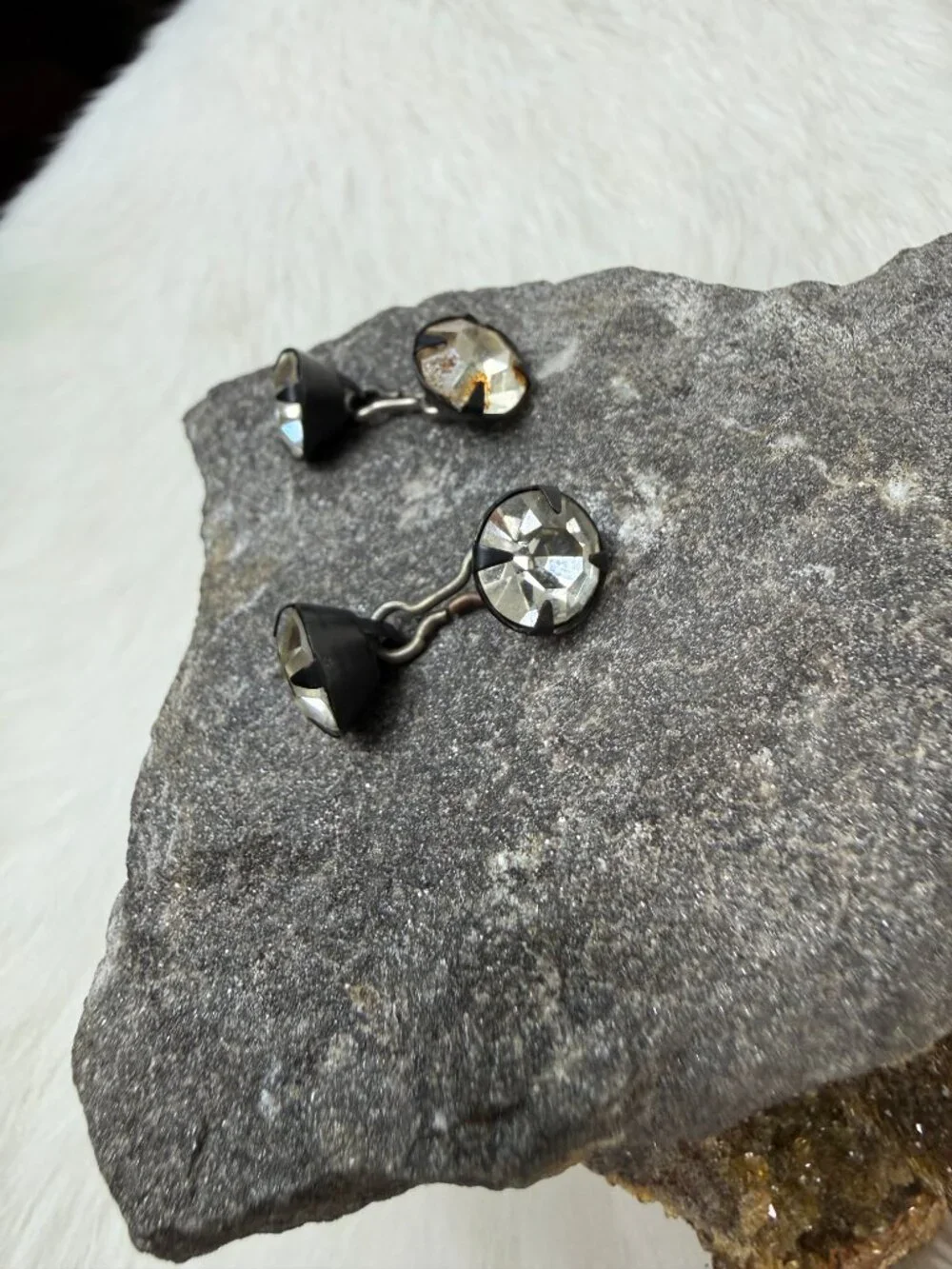 Vintage Black & Silver Tone Rhinestone Cuff Links .5